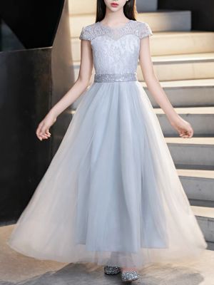 Elegant Grey Lace Dresses Princess Sash Short Ruffle Special Occasion Party Dresses for Girls