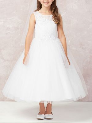 Girls Embroidery Lace Applique and Soft Mesh Dress White First Communion Dress