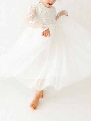Long Sleeve Lace Flower Girl White Tulle Wedding Bohemian Lace Dress Boho Christening Gown Baptism Dress