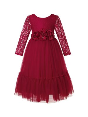 Burgundy Flower Girl Dress Long Sleeve Lace White Tulle Wedding Bohemian Dress