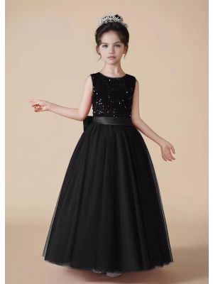 Girls Black Sequined Tulle Dress