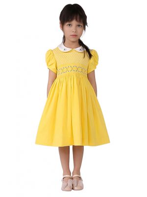 Girls Yellow Peter Pan Collar Embroidered Smocked Dress