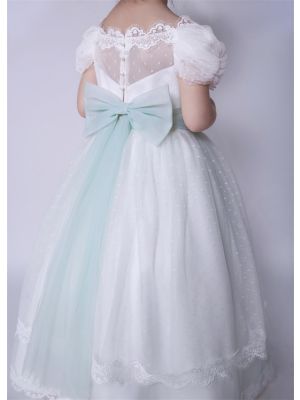 Flower Girls White & Green Lace Tulle Floor-Length Dress