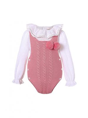 Dark Pink 2 Piece baby Pom Pom Baby Sweater Romper + Long Sleeves Shirt