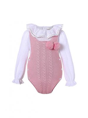 Cute Pink 2 Piece Baby Sweater Romper + England Style Ruffle Shirt