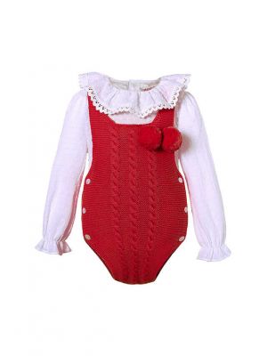 Red 2 Piece baby Pom Pom Baby Sweater Romper + Long Sleeves Shirt
