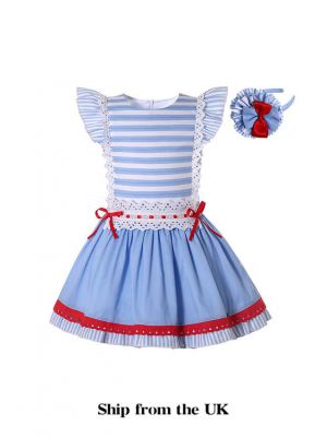 (UK ONLY)Classic Blue Stripes Girl Summer Dress + Handmade Headband