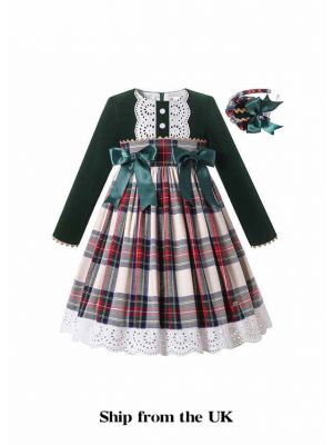 (UK Only) Christmas Deep Green Long Sleeve Plaid Dress + Handmade Headband