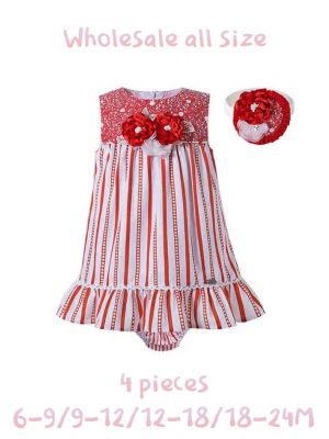 (4 pieces) 3 Pieces Babies Red Striped Princess Ruffles Outfit + Cute Bloomers + Hand Headband