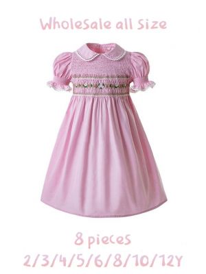 (8 pieces) Pink Party Girls Doll Collar Handmade Embroidered Smocked Dresses                                                       