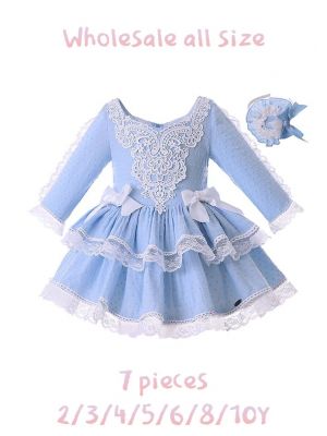 (7 pieces) Light Blue Girl Party Dress With Headwear