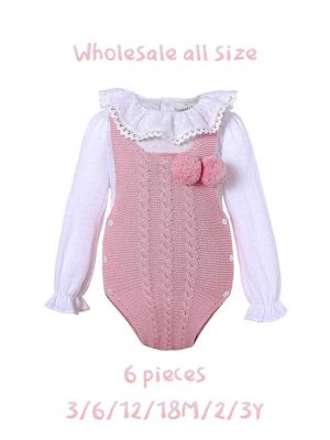 (6 pieces) Cute Pink 2 Piece Baby Sweater Romper + England Style Ruffle Shirt
