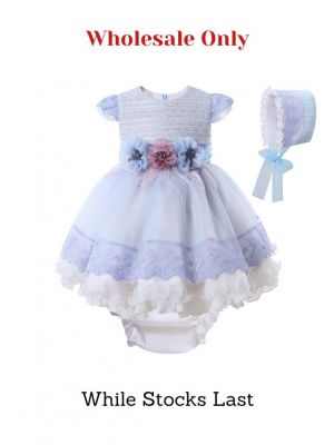 (Wholesale only) Baby Girls Blue Tweed Lace Dress + Bloomer +Hat