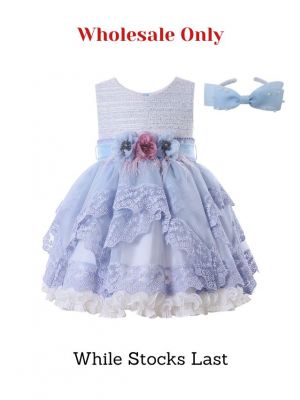 (Wholesale only) Girls Blue Tweed Lace Dresses