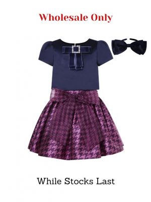 (Wholesale Only) Girls Black Bow Top+Houndstooth Skirt
