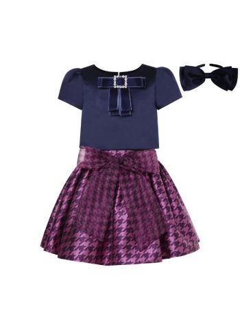 Girls Black Bow Top + Houndstooth Skirt