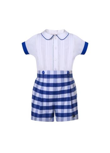 Boys White Shirt + Blue Plaid Shorts