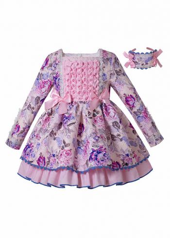 (Pre-order)Girls Square Collar Lace Flower Printed Dress + Headband