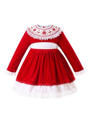 Girls' red velvet embroidered Christmas dress