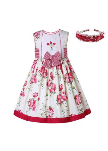 Girls Red and White Floral Embroidery Dress