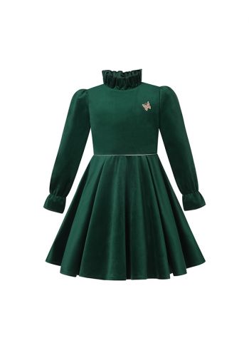(PRE-ORDER) 2022 New A/W Girl Turtleneck Warm Green Velvet Christmas Dress