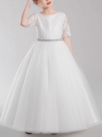 White Elegant Flower Girl Dress Lace Tulle Half Sleeves Princess Bow Birthday Concert Floor-length Junior Bridesmaid Gown