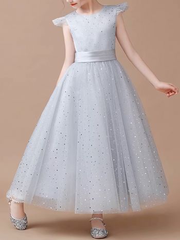 Grey Sleeveless Princess Tulle Skirt Flower Girl Dresses With Sequins