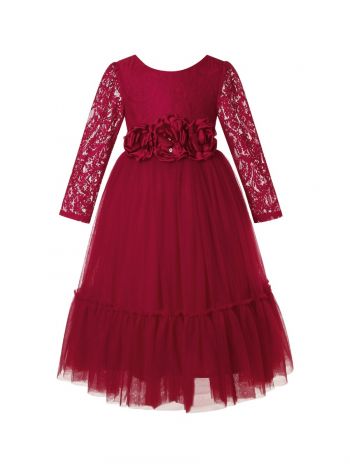 Burgundy Flower Girl Dress Long Sleeve Lace White Tulle Wedding Bohemian Dress
