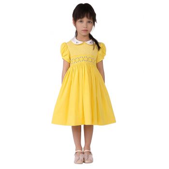 (Pre-order)Girls Yellow Peter Pan Collar Embroidered Smocked Dress