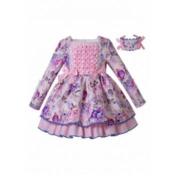 (Pre-order)Girls Square Collar Lace Flower Printed Dress + Headband