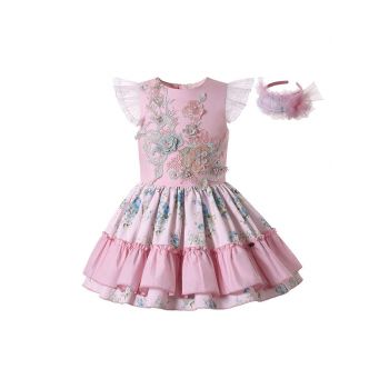 Girls Sundress Crewneck Sleeveless Floral Patterns Pink Dress + Handmade Headband