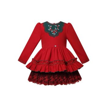 Girls' Red & Green Embroidered Dress with Lace
