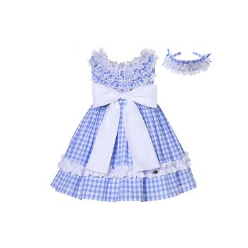 Girls Summer Blue Plaid Dress + Handmade Headband