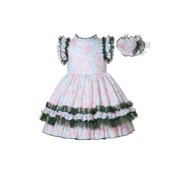 Girls Green Floral Ruffle Dress