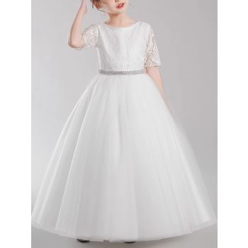 White Elegant Flower Girl Dress Lace Tulle Half Sleeves Princess Bow Birthday Concert Floor-length Junior Bridesmaid Gown