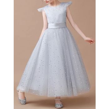 Grey Sleeveless Princess Tulle Skirt Flower Girl Dresses With Sequins