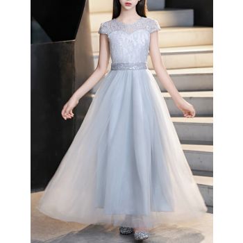 Elegant Grey Lace Dresses Princess Sash Short Ruffle Special Occasion Party Dresses for Girls