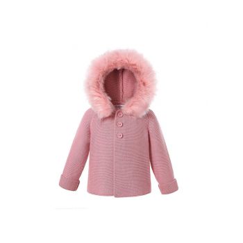 Dark Pink baby Square Collar Sweater Coat With Detachable Hat