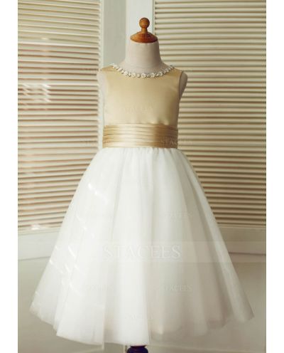 Champagne Satin Ivory Tulle Wedding Flower Girl Dress