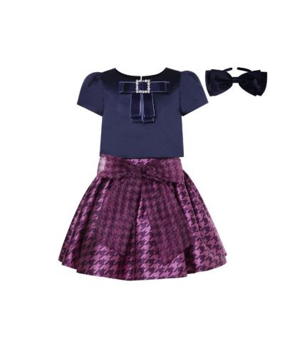 Girls Black Bow Top + Houndstooth Skirt