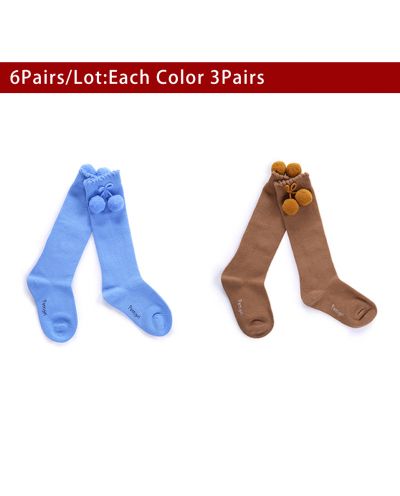 6 Pairs Girls Pom Pom Socks(Camel+Blue) Size 28-31