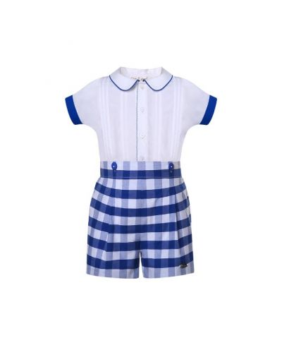 Boys White Shirt + Blue Plaid Shorts