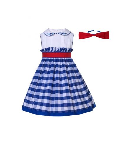 Girls Blue Plaid Embroidery Dress