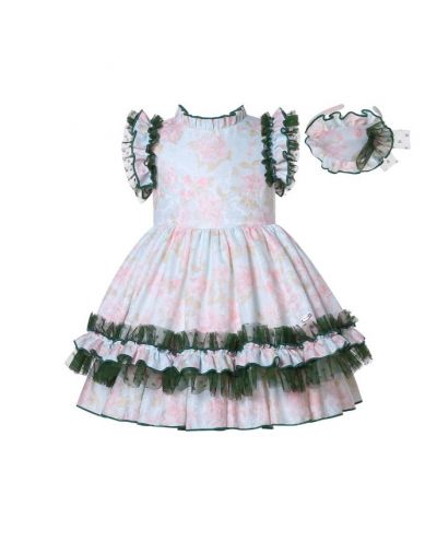 Girls Green Floral Ruffle Dress