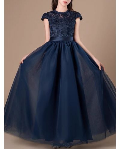 Princess Scoop Floor-Length Lace/Tulle Flower Girl Dress Navy Blue Ball-Gown
