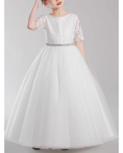 White Elegant Flower Girl Dress Lace Tulle Half Sleeves Princess Bow Birthday Concert Floor-length Junior Bridesmaid Gown
