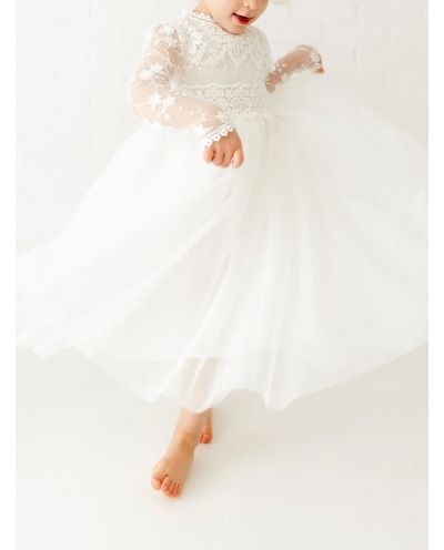 Long Sleeve Lace Flower Girl White Tulle Wedding Bohemian Lace Dress Boho Christening Gown Baptism Dress