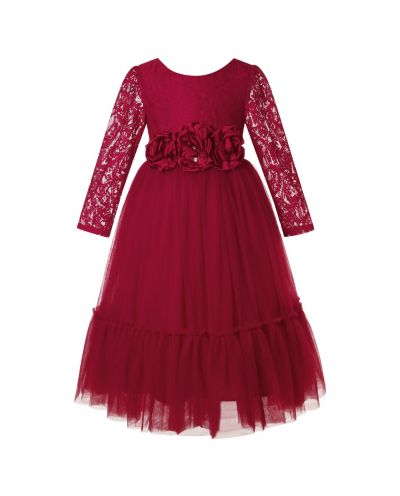 Burgundy Flower Girl Dress Long Sleeve Lace White Tulle Wedding Bohemian Dress