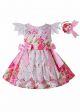 (ONLY 3Y 5Y) New Princess Flower With Pink Bows Summer Lace Girl Dress + Handmade Headband  