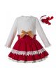 Autumn Gorgeous Girls White Lace Shirt With Bow + Red Boutique Skirt + Handmade Headband